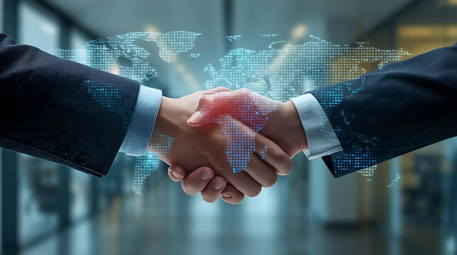Business partnership handshake with global digital network and world map in background, symbolizing international cooperation and agreement.