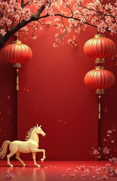 Red Chinese New Year scene with golden horse and lanterns. Cherry blossoms bloom on tree branches above. Festive Asian cultural celebration backdrop. Prosperity luck good fortune.