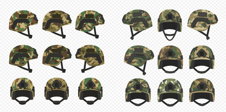 Set of military helmets with camouflage pattern in various angles and views, army head protection equipment.