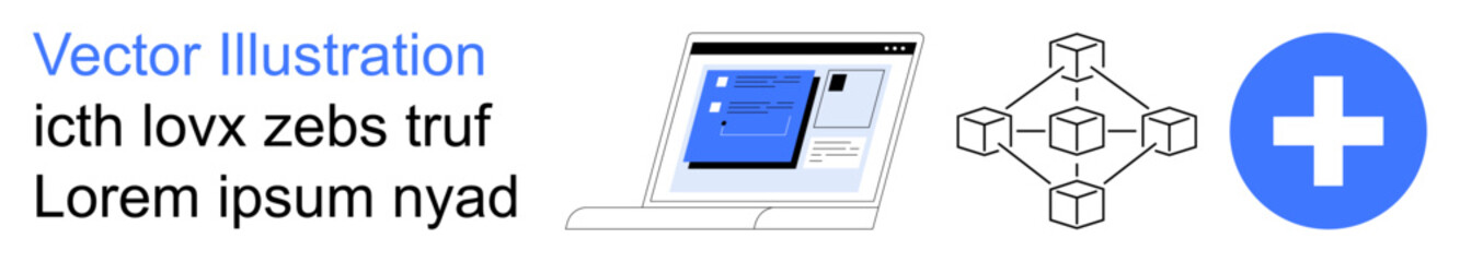 Obraz premium Blockchain, healthcare, digital tools, online platforms, data management, modern connections. A laptop with a user interface, a blockchain network and a healthcare symbol. Blockchain and healthcare