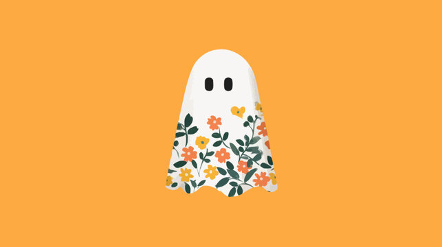 A whimsical white ghost with floral detailing floats against an orange backdrop