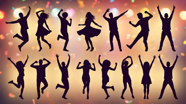 Celebration of success with dancing figures in a festive atmosphere with confetti and bokeh lights