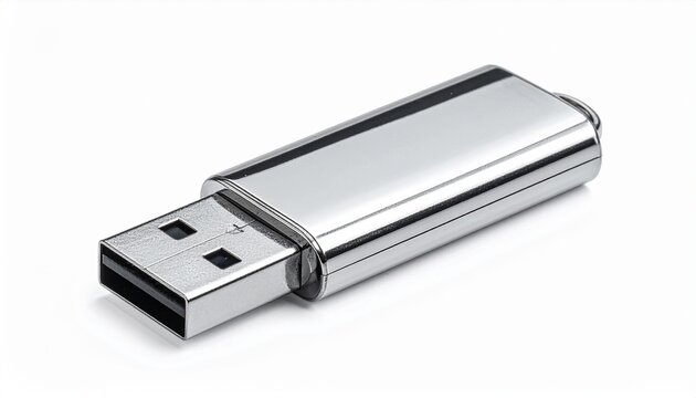 Silver USB flash drive with a metallic finish on a white background, perfect for data storage and transfer needs