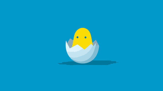 A simple illustration of a yellow chick hatching from an egg against a blue background