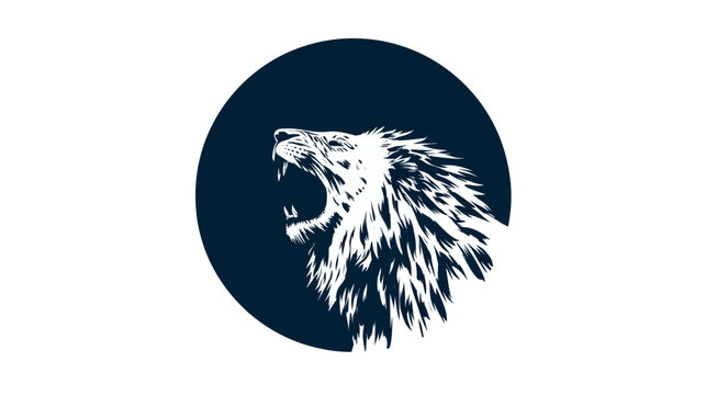 A roaring lion's silhouette, rendered in white, emerges from a dark blue circular background