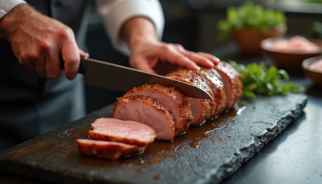 Chef carefully slices juicy roasted meat on dark board. Pro cook prepares tender pork loin for gourmet meal. Closeup of food prep in restaurant kitchen.