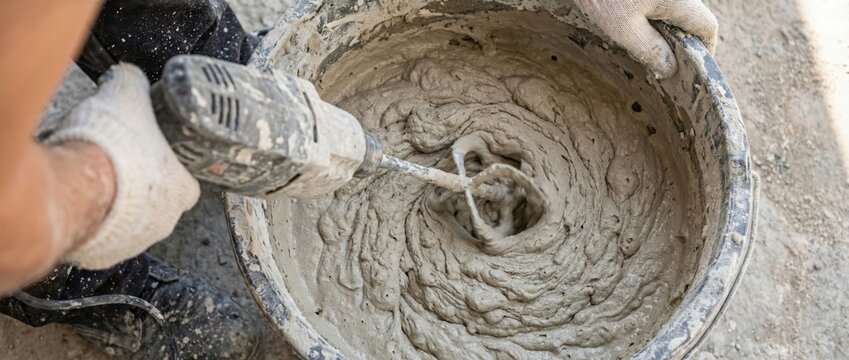 Top view of a builder mixing cement and facade putty in a bucket using an electric construction mixer. Home renovation and plastering work banner
