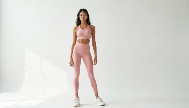 Asian woman models pink athletic two piece outfit, sports bra and high waist leggings. Studio shot on white background. Fitness fashion for active lifestyle.