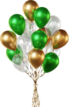 Balloon bouquet in green, gold, and transparent white, isolated on a transparent background. A bunch of realistic balloons for St. Patrick&rsquo;s Day, eco-themed, and spring party designs.