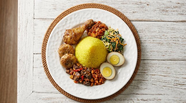 Indonesian Nasi Tumpeng yellow turmeric rice cone with fried chicken, egg, and traditional side dishes on white wooden table.