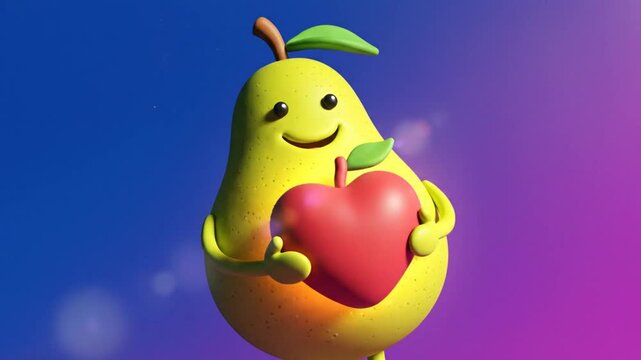 Cheerful pear character holding a red heart-shaped apple with a bright background concept of love and caring