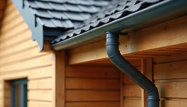 Close-up of a wooden house facade showing a gray gutter system and roof tiles. Water pipe directs rain away from the building structure. Modern home exterior detail.