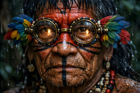 Yanomami Amazon Shaman with Feathered Antique Spectacles