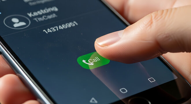 A close-up shot of a person's finger pressing the green 'Call' button on a smartphone screen, displaying contact information and a phone number.