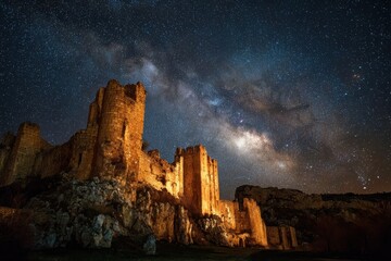 Obraz premium Ancient Castle Ruins Under Milky Way Sky