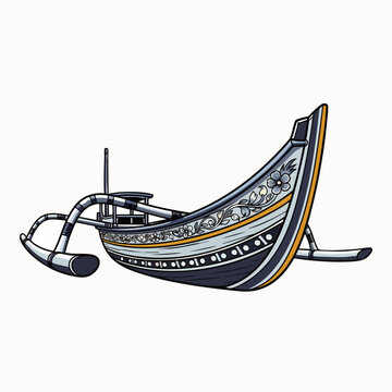 Traditional Balinese fishing boat with outriggers and floral decorations, vector illustration