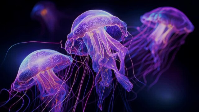 A 3D render showcases bioluminescent jellyfish pulsating with vibrant purple and blue light against a dark, ethereal background, creating a mesmerizing deep-sea spectacle.