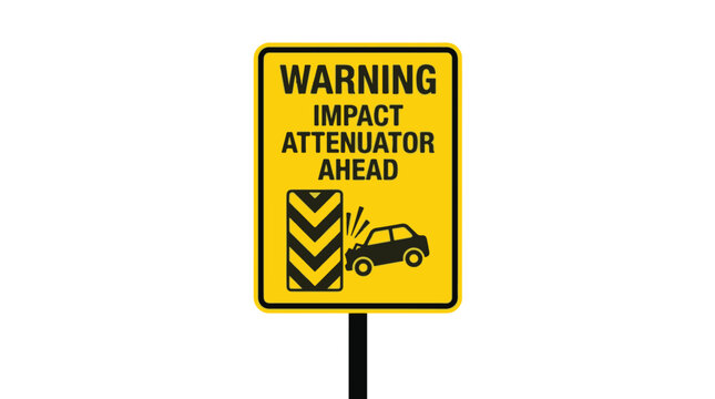 Yellow diamond sign warns IMPACT ATTENUATOR AHEAD with a graphic of a car hitting a barrier.