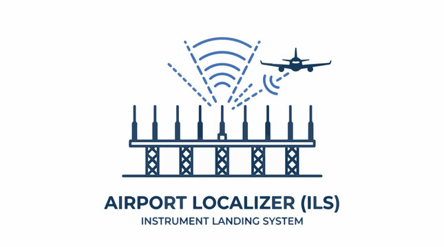 Illustration of an airport localizer (ILS) antenna array emitting signals to guide an approaching aircraft for landing, depicting the Instrument Landing System.