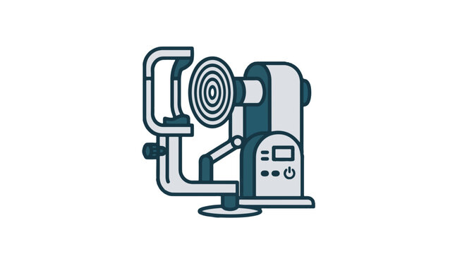 A simple, two-tone line art illustration of an autorefractor or ophthalmic eye examination machine with a chin rest, forehead support, and lens target.