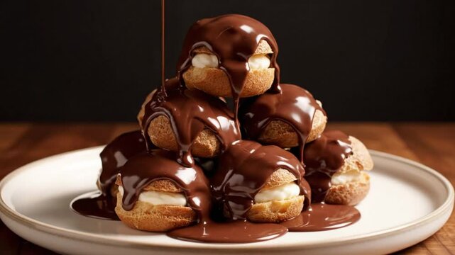 Chocolate sauce pouring over cream puffs, a delicious dessert on a white plate, close up shot