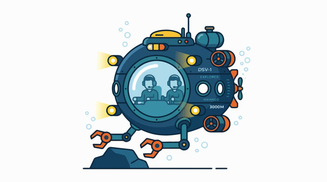 An illustrated deep-sea submersible, DSV-1 Explorer, with two crew members inside, equipped with lights, robotic arms, and a propeller, investigating a rock underwater.