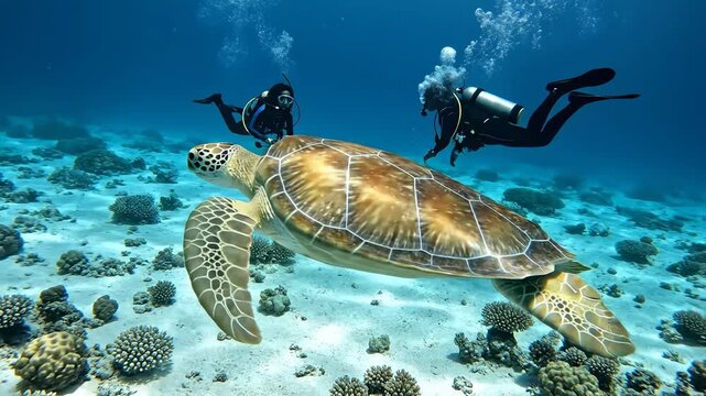 Majestic Sea Turtle Swimming with Scuba Divers in Clear Blue Ocean Water for Travel Documentaries and Marine Conservation Content.
