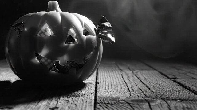 Spooky jack o' lantern with candy and smoke on a rustic wooden table for a Halloween celebration in black and white