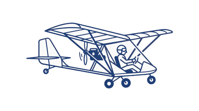 A simple line drawing shows a pilot in a helmet and goggles flying a small, open-cockpit ultralight aircraft with a propeller.