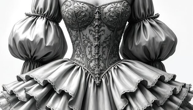 Elaborate grey dress bodice with intricate patterns puffed sleeves and layered ruffled skirt. Detailed fabric texture and ornate design. Victorian garment.