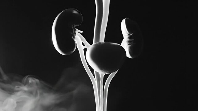 Black and white medical animation of human urinary system against dark background, kidneys, bladder