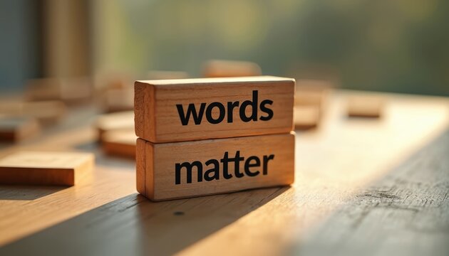 Wooden blocks stacked showing words matter text. Meaningful phrases on cubes resting on a wood table. Simple message about importance of communication and ideas.