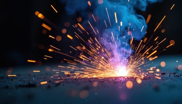 Bright sparks fly from welding process. Blue smoke billows around hot orange glow. Industrial metalwork, construction and manufacturing energy. Arc flash, precision work, steel.