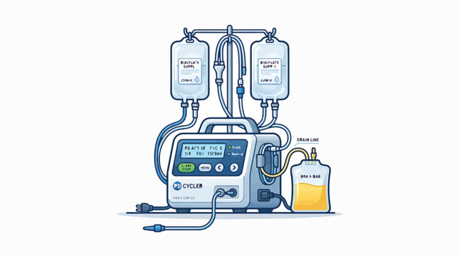 A cycler machine with two bags of dialysate supply and a drain bag. It is connected by tubes and wires, indicating a dialysis process.