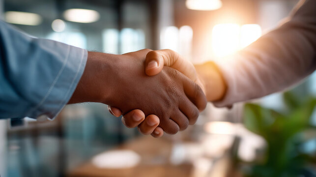 Close up of two hands mid handshake with a blurred bright office visible through glass behind them the handshake captured at a slight diagonal angle showing wrist detail and firm