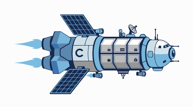 A blue and white cartoon spaceship with solar panels and exhaust flames, featuring a C logo and multiple compartments.