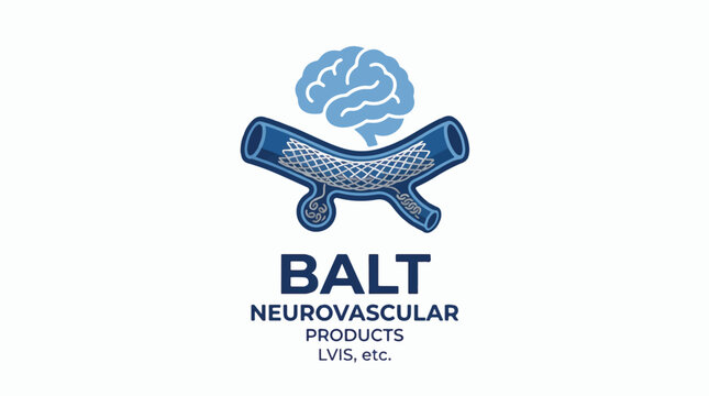 BALT Neurovascular Products logo featuring a stylized brain over a stent within a blood vessel, symbolizing medical devices for brain circulation and treatment.
