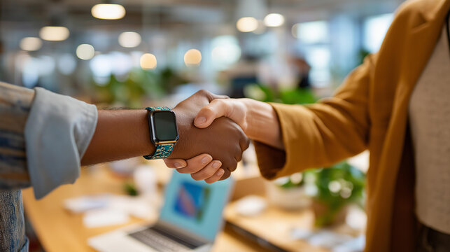Close up of two hands meeting in a cheerful handshake at a bright open plan office desk cluster one hand with a fitness band and the other with a statement watch laptop screens