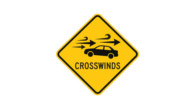 Yellow diamond sign with a black border warns of crosswinds affecting vehicles. Arrows show wind direction pushing a car.