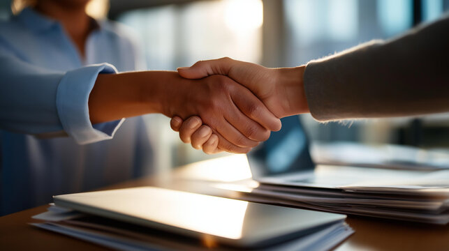 Close up of two hands completing a strong handshake at the conclusion of a meeting a closed laptop and stacked folders beneath suggesting a productive session both hands