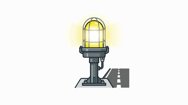 Illustration of a bright yellow, caged industrial light glowing on a grey stand next to runway-like markings. It serves as a beacon or warning signal.