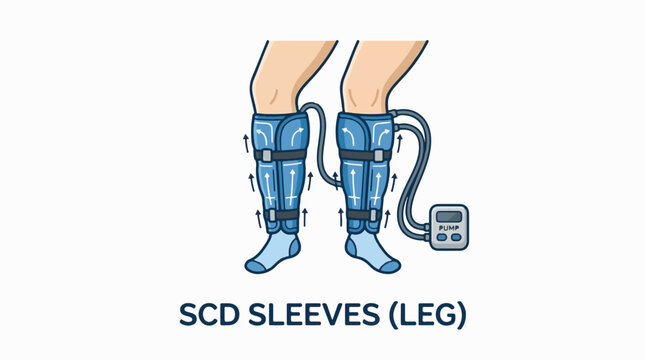 An illustration of legs wearing blue Sequential Compression Device (SCD) sleeves connected to a pump, with arrows indicating upward circulation.