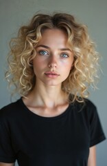 Naklejka premium Young woman with curly blonde hair, blue eyes looks forward. Natural studio light illuminates her face, smooth skin. She wears simple black t-shirt. Confidence emanates from her serene expression.
