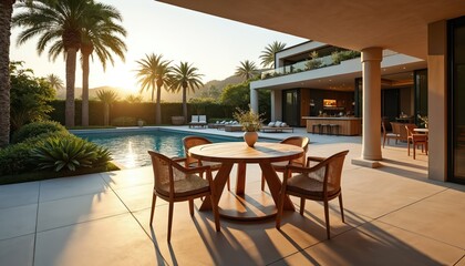 Fototapeta premium Luxurious backyard with pool and palm trees. Outdoor dining set with table and chairs is ready for use. Modern house exterior with open kitchen and lounge areas.
