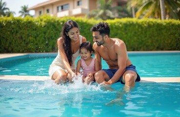 Fototapeta na wymiar Indian parents with child daughter splash water by swimming pool. Family enjoys summer holiday vacation time at resort. Togetherness and fun by blue water.