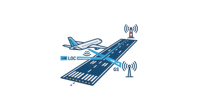 An airplane on a runway with signals indicating ILS guidance for landing.