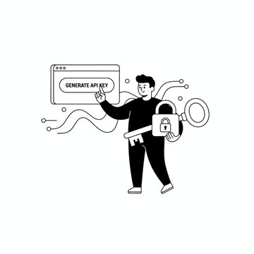 Man holding large key and padlock near computer screen generating API key.