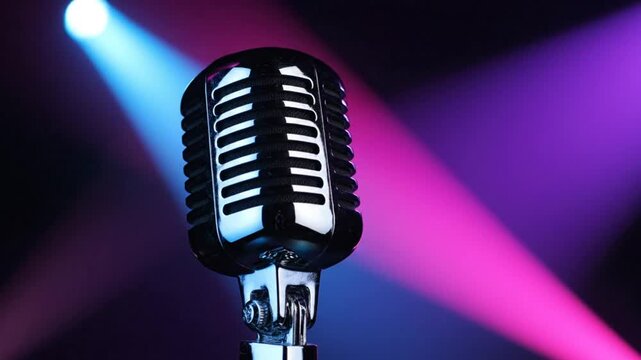 Classic vintage microphone under spotlight stage with blue and purple lights for performance show
