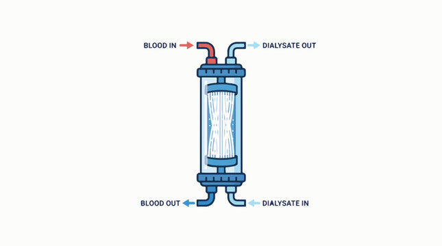 Diagram of a hemodialysis machine, showing blood and dialysate flow. Blood enters and exits, while dialysate flows in and out, creating a filter.