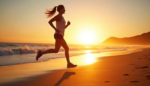 Woman runs on ocean beach at sunset. Golden hour light reflects on wet sand. Healthy lifestyle choice for fitness and active outdoor recreation.